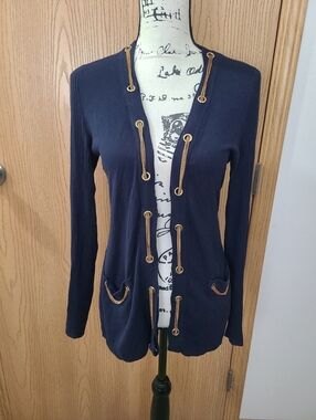 Cache Nautical Preppy Chain Grommet Navy Gold Open Front Pocket Cardigan Sweater